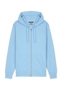 Felpa zip blu chiaro realizzata in morbido tessuto, con cappuccio foderato, zip in metallo e tasche a marsupio frontali.