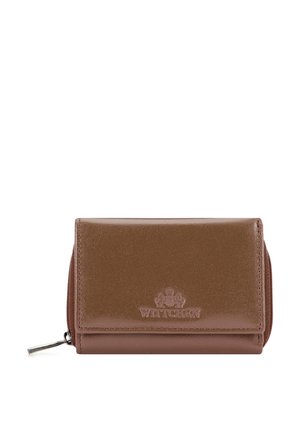 Brown leather wallet with a smooth texture, folded design, logo embossed on the front, and a zippered compartment on the side.