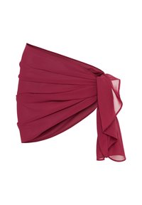 Asimetrična burgundska šifonska bluza z nabranimi naborki in detaljem z vozlom na strani.