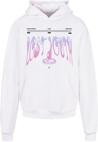 Felpa bianca con cappuccio con la scritta "LOST YOUTH" in testo sfumato da rosa a viola. Include tasca a marsupio e polsini e orlo ribattuti. Grafiche stampate.