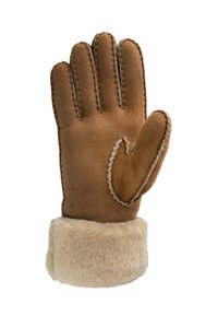 Hnědé semišové rukavice s kožešinovým manžetovým lemem, které mají našité detaily a pět prstů, včetně odděleného palce.