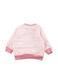 Sweat-shirt rayé blanc et rose. Caractéristiques : col rond, poignets et ourlet côtelés. Texture douce avec une coupe décontractée. Vue de dos présentée.