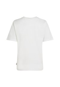 White cotton t-shirt, short sleeves, crew neck, relaxed fit, smooth texture, features a small side tag near the hem.