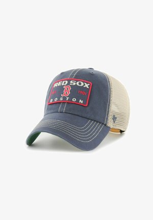 Blau-beige Netz-Baseballkappe mit Boston Red Sox-Logoaufnäher und weißer Naht auf Vorderseite und Schirm.