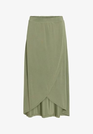 Oljčno zelena krilo za prekrivanje iz gladkega tkanine z elastičnim pasom, z večplastnim dizajnom in dolžino do kolen.