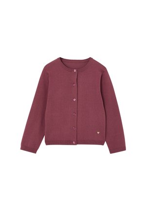 Langärmlige mauvefarbene Strickjacke mit Knöpfen, rundem Ausschnitt und kleinem Herzdetail nahe dem Saum auf der rechten Seite.