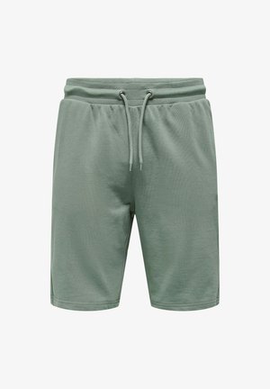 Light green cotton shorts with an elastic waistband, drawstring closure, and side slits for ease of movement. Smooth texture, casual design.