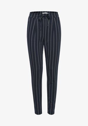 Pantalon rayé navy avec cordon de serrage à la taille, ornés de rayures blanches verticales. Conçu avec une coupe fuselée et une texture lisse.