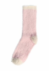Siltas rozā zeķes ar pūkainu tekstūru, ar krēmkrāsas maliņu un pirksta akcentiem, nodrošinot siltumu un komfortu.