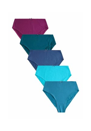 Cinq culottes en coton pour femmes en rangée verticale, couleurs de haut en bas : violet, sarcelle foncé, bleu marine, bleu clair et sarcelle moyen, chacune avec un petit nœud.