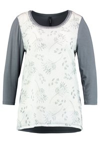 Hellgraues Langarmoberteil mit botanischem Aufdruck auf der Vorderseite, einfarbigen grauen Ärmeln, rundem Ausschnitt und lockerem Schnitt.