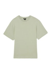 Tricou scurt cu mânecă scurtă, de culoare verde deschis, cu guler rotund, realizat din bumbac moale, având o croială lejeră și detalii de cusătură minime.