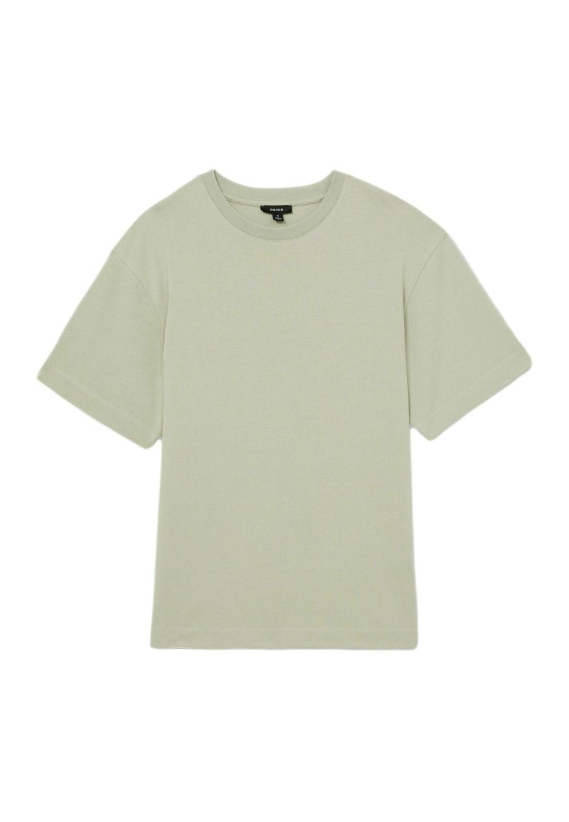 Tricou scurt cu mânecă scurtă, de culoare verde deschis, cu guler rotund, realizat din bumbac moale, având o croială lejeră și detalii de cusătură minime.