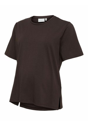 Enkel mørkebrun t-shirt med korte ærmer i bomuld, rund hals, let løs pasform og små slidser i siden ved kanten.