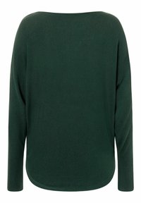 Ciemnozielony oversize sweter z szerokim dekoltem, długimi rękawami i wyrazistym splotem. Okrągły dół dopełnia całość.