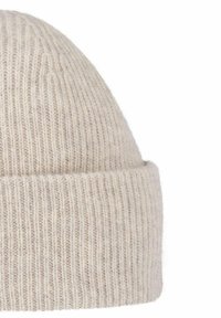 Wollmütze in hellem Beige mit Rippstruktur und umgeschlagenem Saum für eine angenehme Passform. Glatte Oberfläche mit subtilen Farbvariationen.