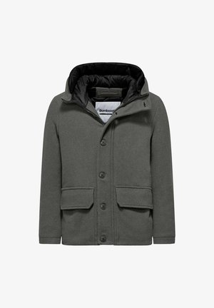 Giacca grigia con cappuccio, dotata di una fodera nera trapuntata. Include cinque bottoni, due tasche frontali e un tessuto a trama sottile.