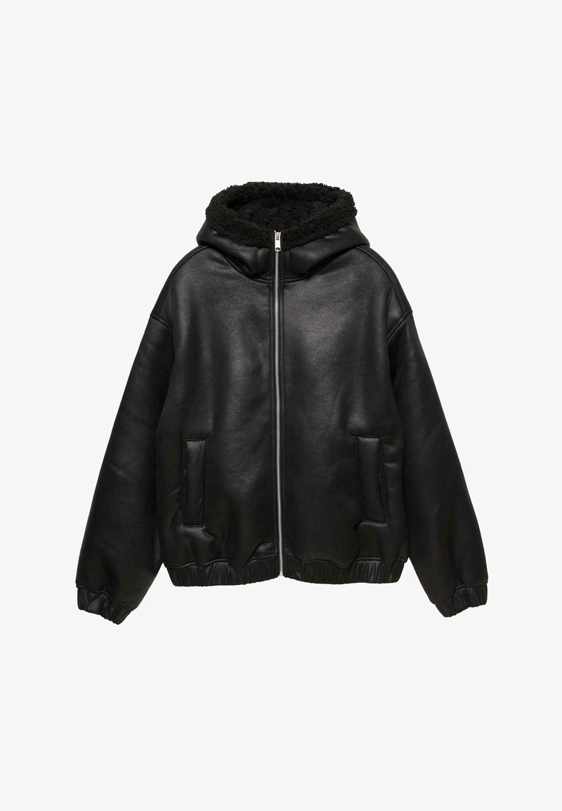 Černá kožená bunda s kapucí a huňatou černou podšívkou, přední zip, dvě boční kapsy a žebrované manžety a lem. Hladká textura.