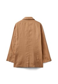 Hnědá lněná bunda s klopovým límcem, dlouhými rukávy, zadním skladem a manžetami na dva knoflíky. Texturovaná tkanina a design volného střihu.