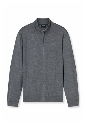 Grauer Reißverschluss-Pullover mit runder Kragenform, langen Ärmeln, strukturiertem Strickmaterial und geradem Saum. Verfügt über ein dezentes, einheitliches Muster.