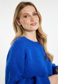 Cardigan lavorato a maglia di un blu vivace, con scollatura rotonda e tessuto testurizzato. Tre bottoni marroni accentuano la parte frontale, con polsini a coste.