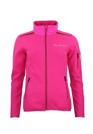 Felroze fleece jas met ritssluiting, hoge kraag, zij- en mouwzakken met ritssluiting en het "Peak Mountain" logo op de borst.