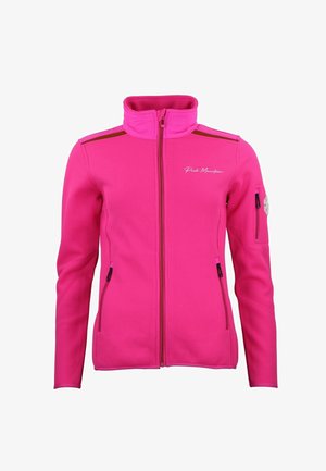 Felroze fleece jas met ritssluiting, hoge kraag, zij- en mouwzakken met ritssluiting en het "Peak Mountain" logo op de borst.