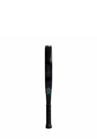 Schwarzer Baseballschläger mit einer strukturierten Gummigriff, ausgestattet mit einem hellblauen Akzent in der Nähe des Schlägerichte und einer glatten, glänzenden Oberfläche.