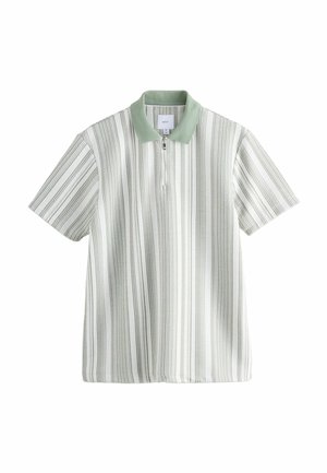 Kortærmet polo-shirt i lysegrøn og hvid med lodrette striber, med en lynlås ved halsen og en blød krave.