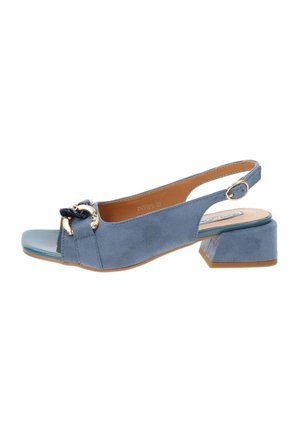 Sandal con cinturino alla caviglia in suede blu, con punta aperta arrotondata, dettagli in metallo dorato e tacco a blocco. Soletta interna liscia e finitura esterna texture.