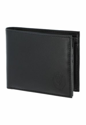 Portefeuille bifold en cuir noir avec un logo tête de lion embossé subtil dans le coin inférieur droit, présenté légèrement ouvert.