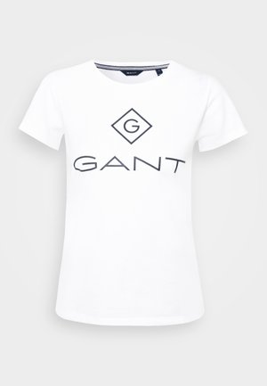 Witte T-shirt met korte mouwen, ronde hals en groot zwart "GANT"-logo met diamantvormig "G" embleem gecentreerd aan de voorkant.