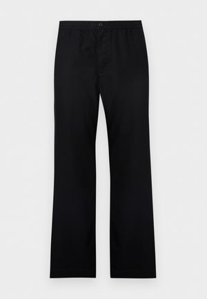 Pantaloni neri a gamba dritta con vita elasticizzata, chiusura con bottoni e tessuto semplice e liscio.