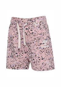 Rosa shorts gjorda av mjukt tyg med ett prickigt mönster i svart, lila och vitt. Har resårlinning och snörning.