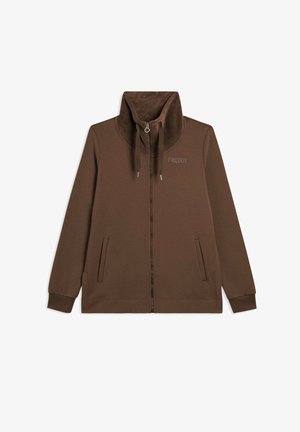Sweatshirt zippé marron avec un col haut, présentant une texture douce, deux poches avant et un logo subtil sur la poitrine.