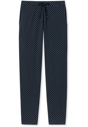 Navy pyjamasbyxor med vita prickar, med ett elastiskt midjeband och dragsko framtill. Tillverkade av ett mjukt, lätt tyg.
