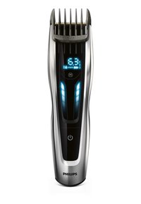 Philips haartrimmer met een slank zilver- en zwart ontwerp, LED-display dat instellingen toont, verstelbare kam met slot en ergonomische vorm.