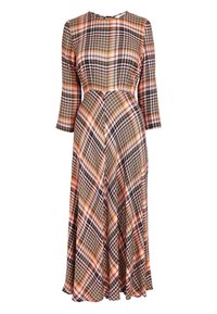 Robe longue à carreaux avec des manches trois-quarts, taille ajustée, et un mélange de motifs orange, rose, noir et blanc.