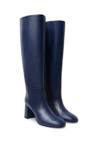 Stivali al ginocchio in pelle blu navy con un tacco largo e una superficie liscia. Comprendono una zip laterale per una facile indossatura.