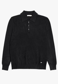 Zwart lange mouwen polo shirt met een kraag, voorzien van vier knopen en een kleine logo-accent op de zoom. Gladde textuur, klassieke design.