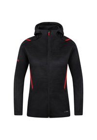 Schwarze Zip-Jacke mit Kapuze, mit roten seitlichen Akzenten und einem strukturierten Stoff. Enthält Fronttaschen und ein Logo auf dem linken Ärmel.