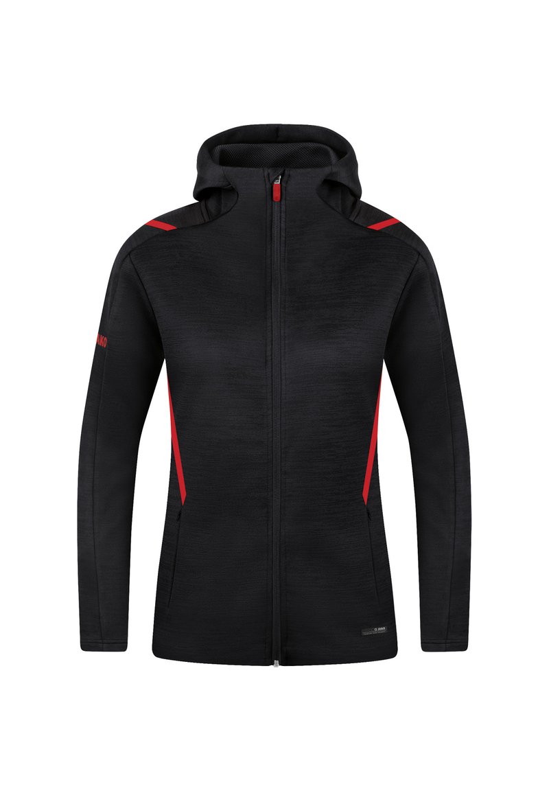Schwarze Zip-Jacke mit Kapuze, mit roten seitlichen Akzenten und einem strukturierten Stoff. Enthält Fronttaschen und ein Logo auf dem linken Ärmel.