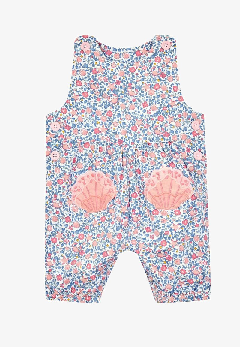 Virágmintás overall kék, rózsaszín és fehér dizájnnal; rózsaszín gombokkal és rózsaszín kagyló applikációkkal a zsebeken; rugalmas bokákkal.