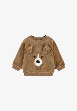 Brązowy polarowy sweatshirt z motywem misia, z haftowanym wyglądem twarzy, wypukłymi uszami i prążkowanym dekoltem. Miękka tekstura z elastycznymi mankietami.