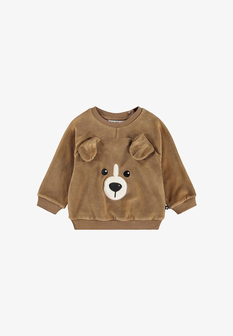 Felpa marrone in plush con design di un orso, faccia ricamata, orecchie in rilievo e collo a costine. Texture morbida con polsini elastici.