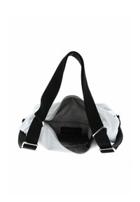 Borsa in nylon bianco con un'ampia apertura con zip e spallacci neri, caratterizzata da un'esterno morbido e un rivestimento interno grigio.