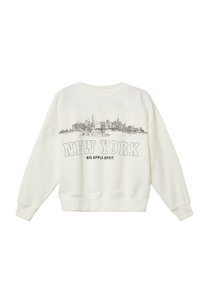 Sweat-shirt blanc avec un croquis noir de la silhouette de New York et le texte « New York Big Apple Spirit » sur le devant.