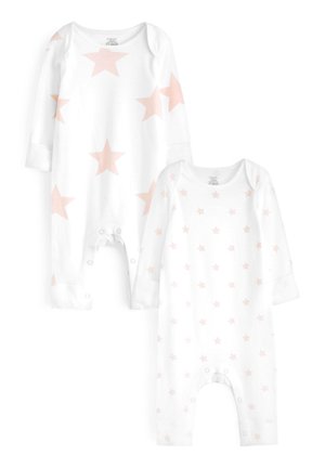 Due body bianchi a manica lunga per bambini con chiusure a scatto, uno stampato con grandi stelle rosa chiaro, l'altro con stelle rosa chiaro più piccole.