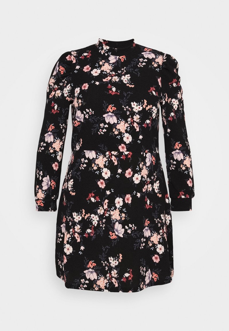 Robe noire à fleurs avec manches longues, col montant et taille cintrée. Présente des fleurs roses et blanches avec des feuilles vertes ; fabriquée dans un tissu texturé.