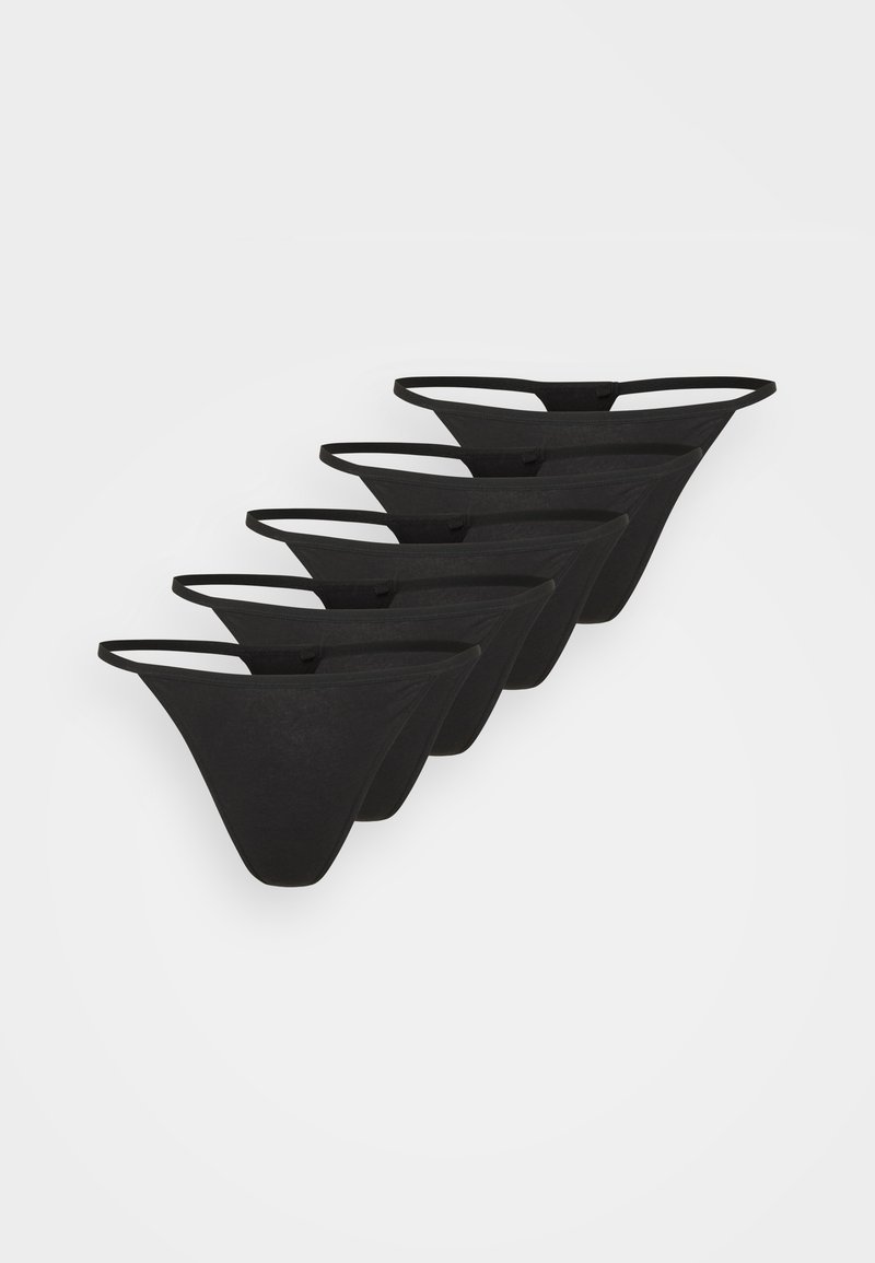 Čierne bavlnené tangá spodné prádlo v balení po piatich. S minimálnymi elastickými popruhmi a hladkou textúrou, navrhnuté pre pohodlie a dokonalé priliehanie.